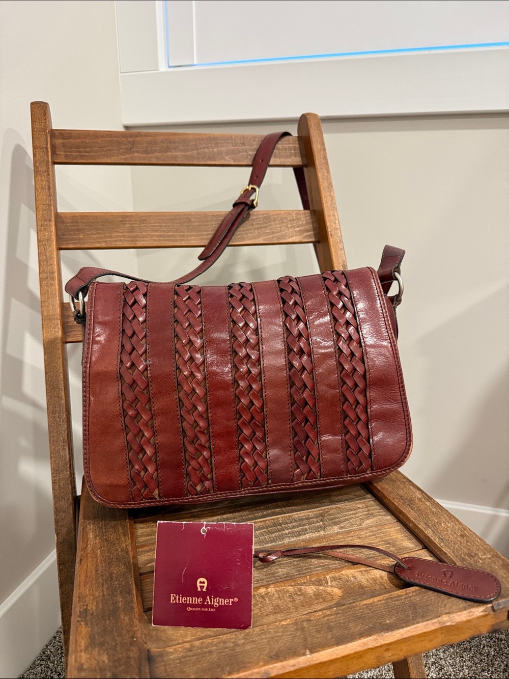 Vintage Etienne Aigner Burgundy Leather Woven Braided Crossbody Bag Purse
